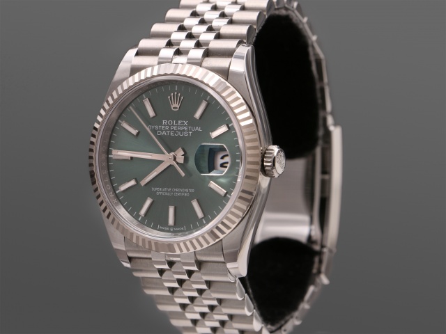 SÅLD - Rolex Datejust 36 Stål/Vitguld, Mint Green, Jubilee, Full set SE -22